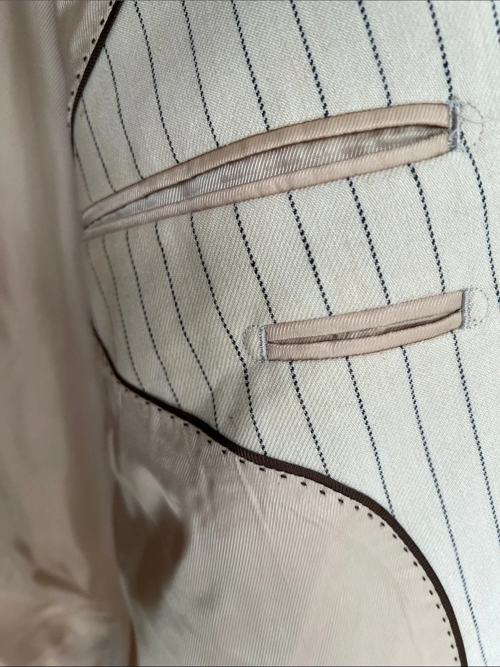 Wool & Linen Beige Woven Italian Fabric, Pinstripe Sport Coat